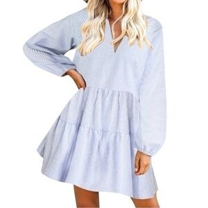 Fancyinn Dress Pinstripe Long Sleeve Shift Tunic Tiered with Pockets Size M